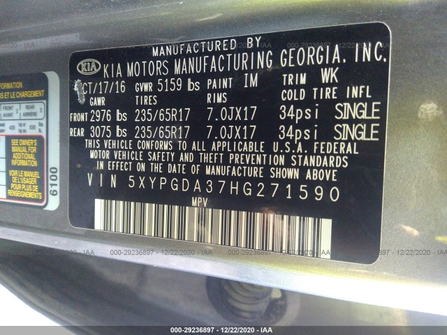 Photo 8 VIN: 5XYPGDA37HG271590 - KIA SORENTO 