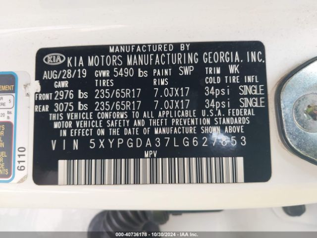 Photo 8 VIN: 5XYPGDA37LG627853 - KIA SORENTO 