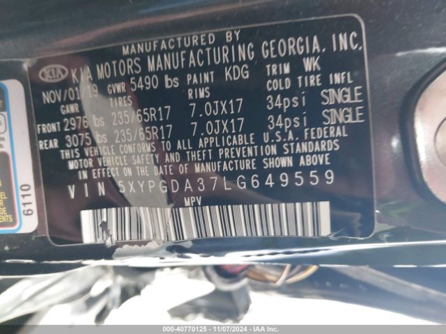 Photo 8 VIN: 5XYPGDA37LG649559 - KIA SORENTO 