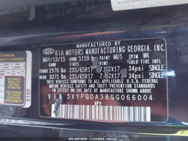 Photo 8 VIN: 5XYPGDA38GG066004 - KIA SORENTO 