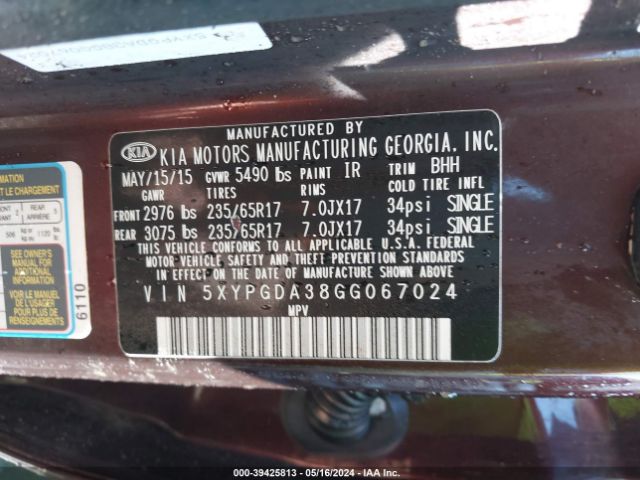 Photo 8 VIN: 5XYPGDA38GG067024 - KIA SORENTO 