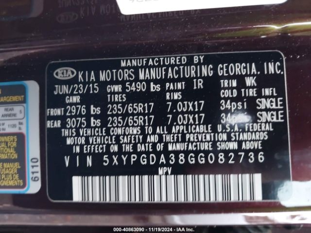 Photo 8 VIN: 5XYPGDA38GG082736 - KIA SORENTO 