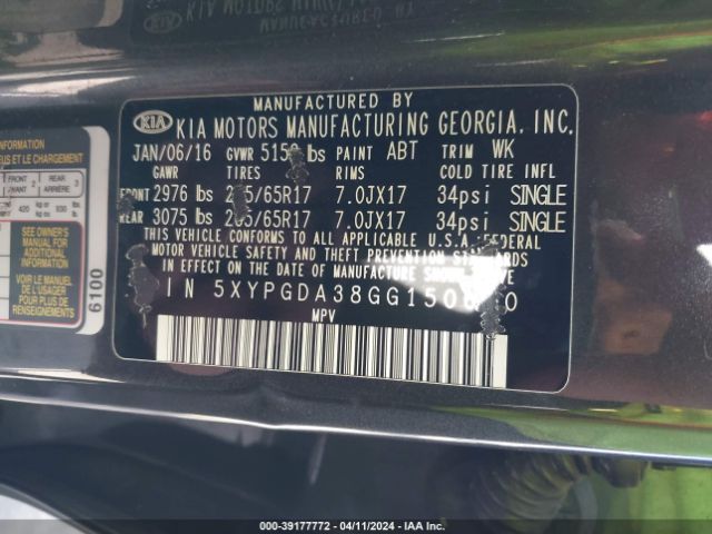 Photo 8 VIN: 5XYPGDA38GG150680 - KIA SORENTO 