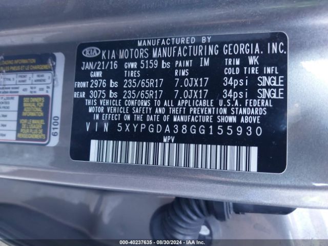 Photo 8 VIN: 5XYPGDA38GG155930 - KIA SORENTO 