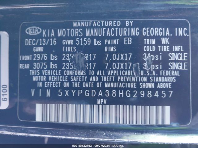 Photo 8 VIN: 5XYPGDA38HG298457 - KIA SORENTO 