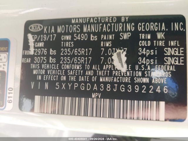 Photo 8 VIN: 5XYPGDA38JG392246 - KIA SORENTO 