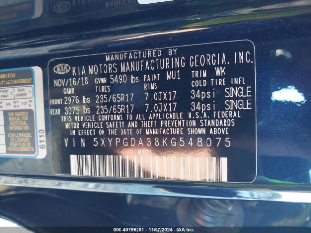 Photo 8 VIN: 5XYPGDA38KG548075 - KIA SORENTO 