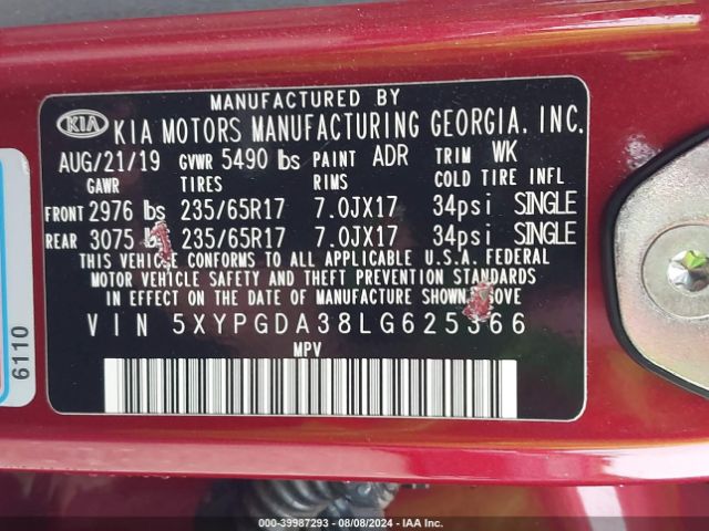 Photo 8 VIN: 5XYPGDA38LG625366 - KIA SORENTO 