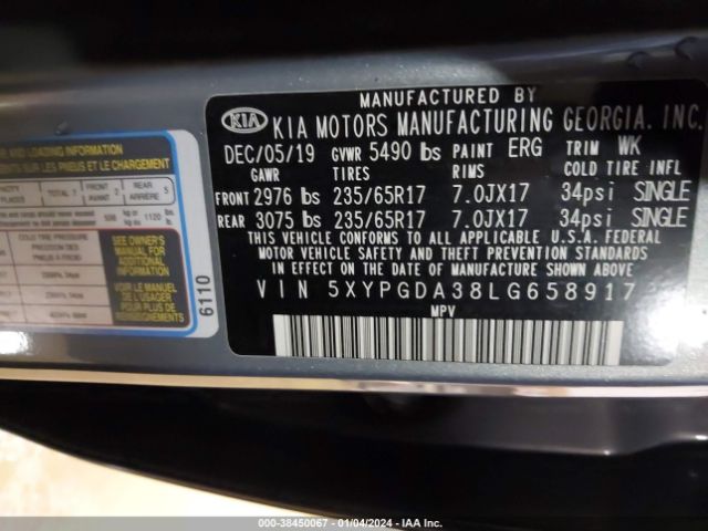 Photo 8 VIN: 5XYPGDA38LG658917 - KIA SORENTO 