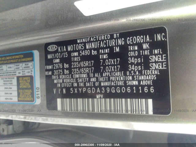 Photo 8 VIN: 5XYPGDA39GG061166 - KIA SORENTO 