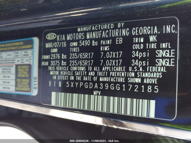 Photo 8 VIN: 5XYPGDA39GG172185 - KIA SORENTO 