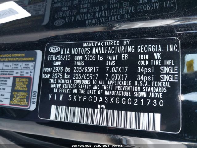 Photo 8 VIN: 5XYPGDA3XGG021730 - KIA SORENTO 