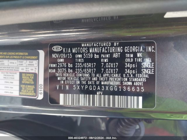 Photo 8 VIN: 5XYPGDA3XGG136635 - KIA SORENTO 