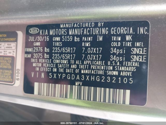 Photo 8 VIN: 5XYPGDA3XHG232105 - KIA SORENTO 