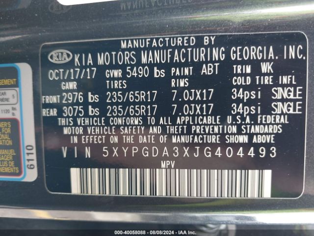 Photo 8 VIN: 5XYPGDA3XJG404493 - KIA SORENTO 