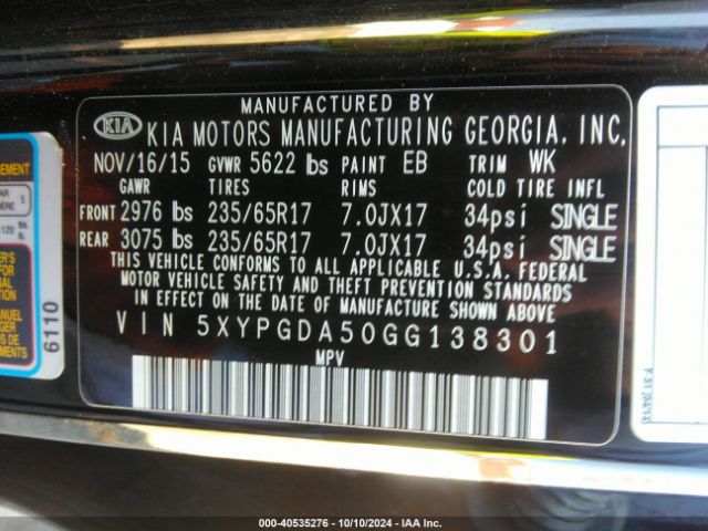 Photo 8 VIN: 5XYPGDA50GG138301 - KIA SORENTO 