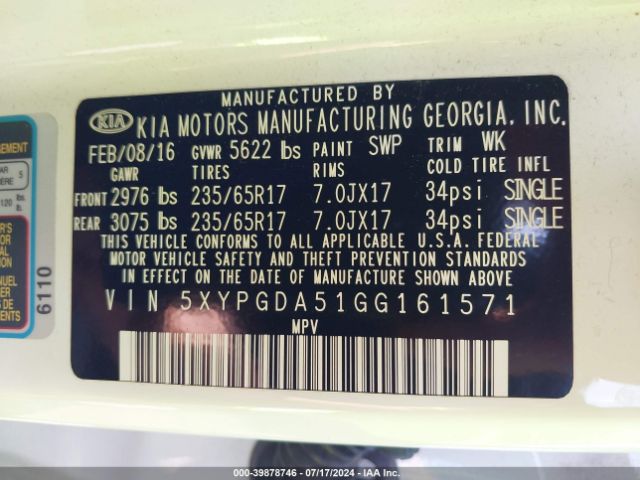 Photo 8 VIN: 5XYPGDA51GG161571 - KIA SORENTO 