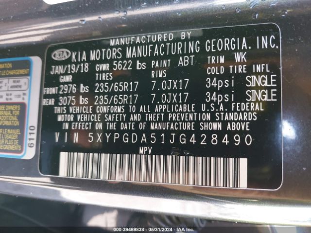 Photo 8 VIN: 5XYPGDA51JG428490 - KIA SORENTO 