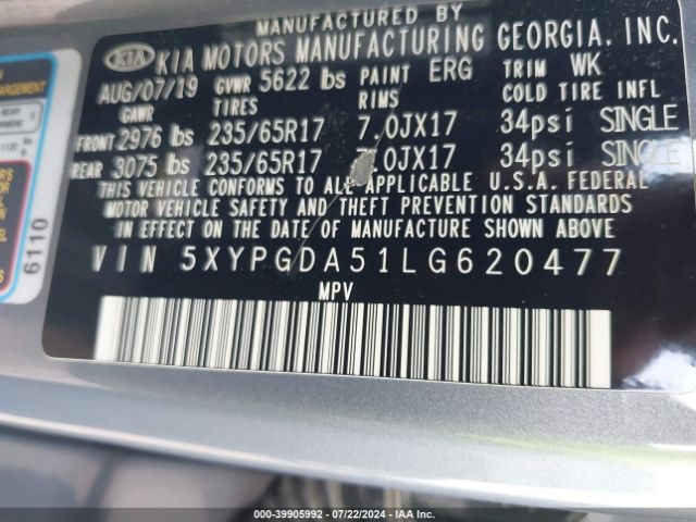 Photo 8 VIN: 5XYPGDA51LG620477 - KIA SORENTO 