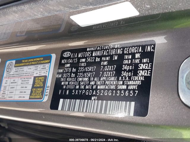 Photo 8 VIN: 5XYPGDA52GG135657 - KIA SORENTO 