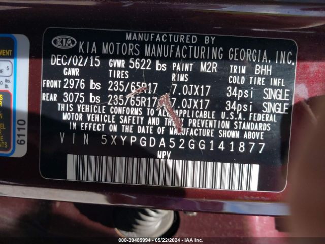 Photo 8 VIN: 5XYPGDA52GG141877 - KIA SORENTO 