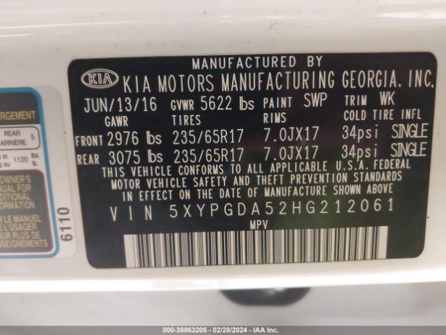 Photo 8 VIN: 5XYPGDA52HG212061 - KIA SORENTO 