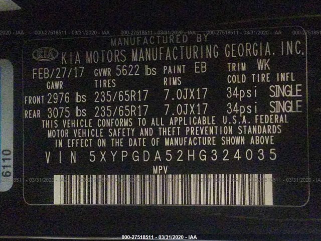 Photo 8 VIN: 5XYPGDA52HG324035 - KIA SORENTO 