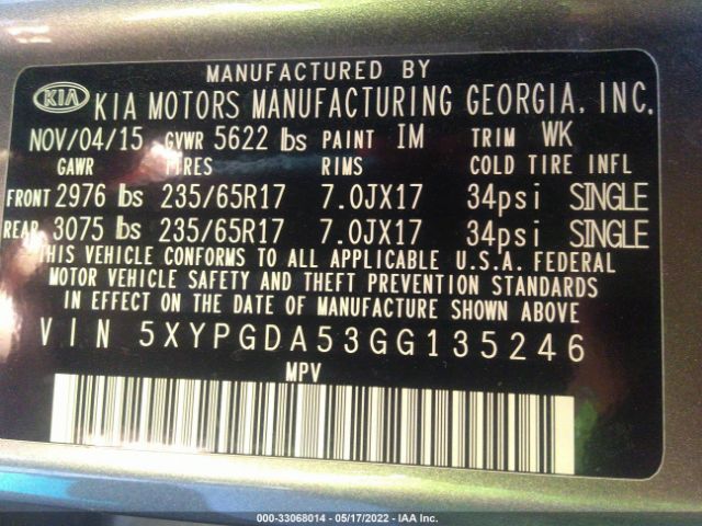 Photo 8 VIN: 5XYPGDA53GG135246 - KIA SORENTO 