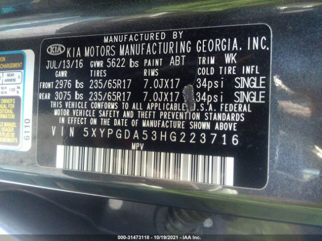 Photo 8 VIN: 5XYPGDA53HG223716 - KIA SORENTO 