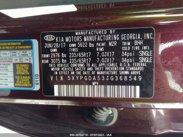 Photo 8 VIN: 5XYPGDA53JG368549 - KIA SORENTO 