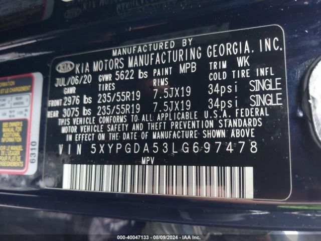 Photo 8 VIN: 5XYPGDA53LG697478 - KIA SORENTO 