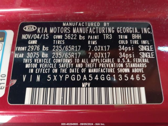 Photo 8 VIN: 5XYPGDA54GG135465 - KIA SORENTO 