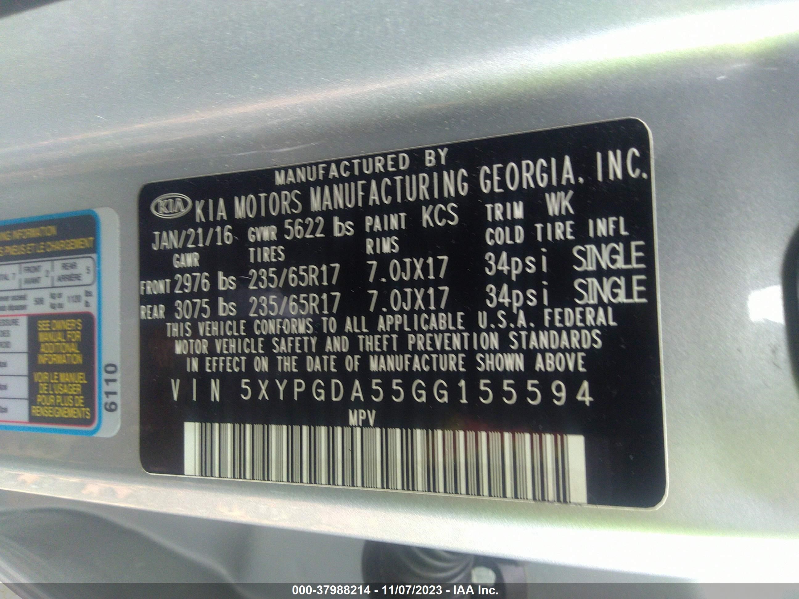 Photo 8 VIN: 5XYPGDA55GG155594 - KIA SORENTO 