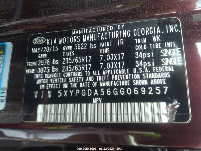 Photo 8 VIN: 5XYPGDA56GG069257 - KIA SORENTO 