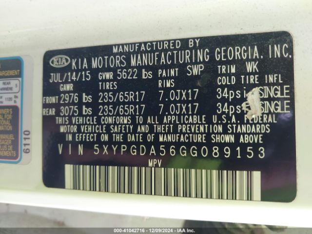 Photo 8 VIN: 5XYPGDA56GG089153 - KIA SORENTO 