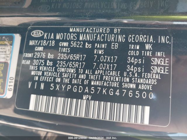 Photo 8 VIN: 5XYPGDA57KG476500 - KIA SORENTO 