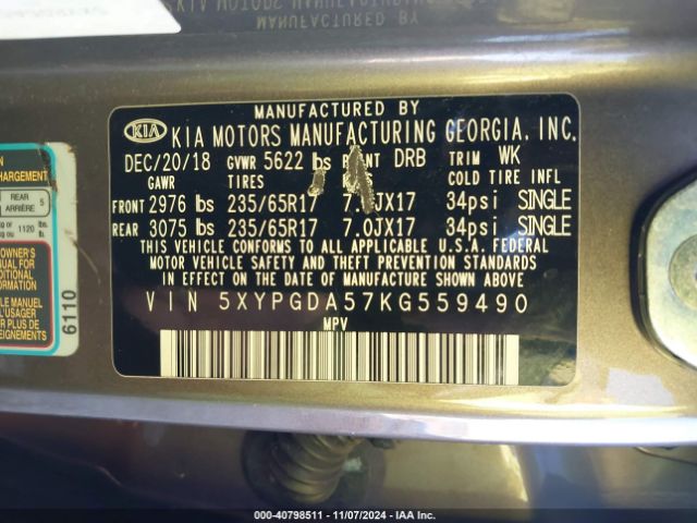 Photo 8 VIN: 5XYPGDA57KG559490 - KIA SORENTO 