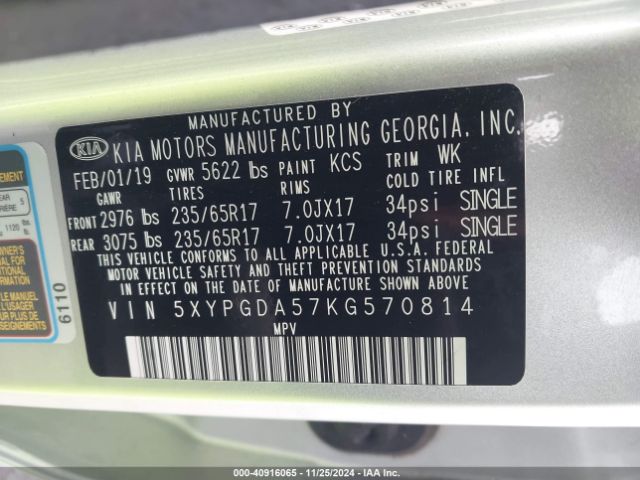 Photo 8 VIN: 5XYPGDA57KG570814 - KIA SORENTO 