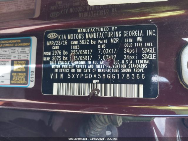 Photo 8 VIN: 5XYPGDA58GG178366 - KIA SORENTO 