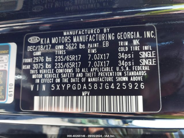 Photo 8 VIN: 5XYPGDA58JG425926 - KIA SORENTO 