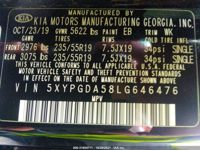 Photo 8 VIN: 5XYPGDA58LG646476 - KIA SORENTO 