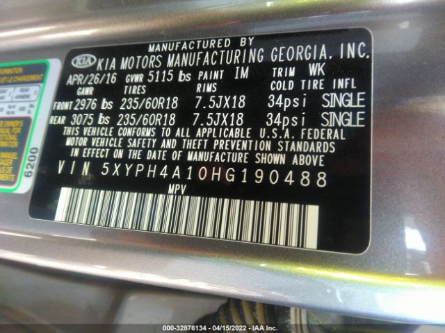 Photo 8 VIN: 5XYPH4A10HG190488 - KIA SORENTO 