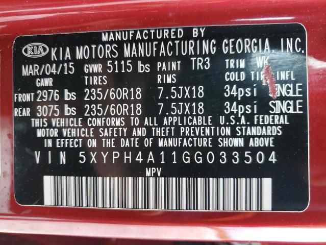 Photo 12 VIN: 5XYPH4A11GG033504 - KIA SORENTO EX 