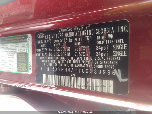 Photo 8 VIN: 5XYPH4A11GG039996 - KIA SORENTO 