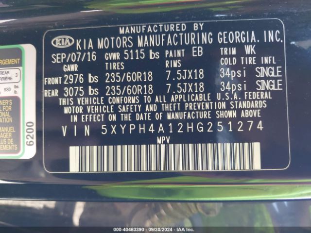 Photo 8 VIN: 5XYPH4A12HG251274 - KIA SORENTO 