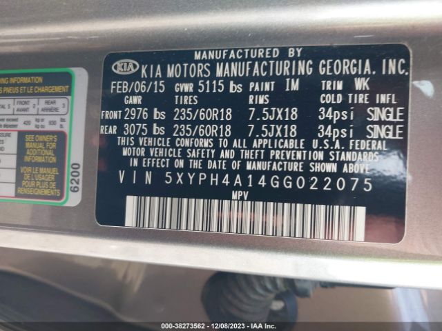 Photo 8 VIN: 5XYPH4A14GG022075 - KIA SORENTO 