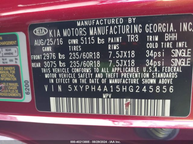 Photo 8 VIN: 5XYPH4A15HG245856 - KIA SORENTO 