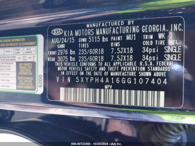 Photo 8 VIN: 5XYPH4A16GG107404 - KIA SORENTO 