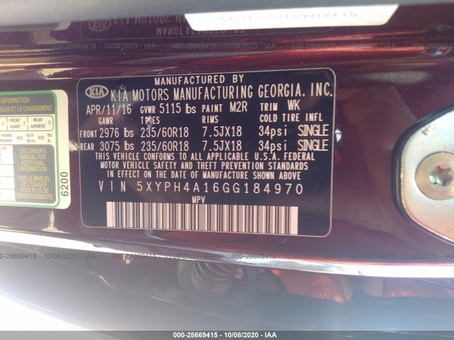 Photo 8 VIN: 5XYPH4A16GG184970 - KIA SORENTO 