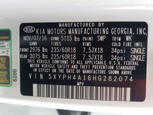 Photo 9 VIN: 5XYPH4A16HG282074 - KIA SORENTO EX 